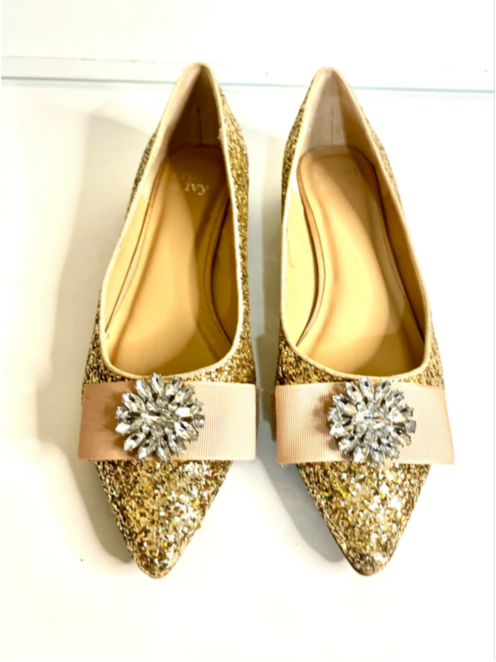 Crown & Ivy Addison flats feature a gold glitter finish women size 7M